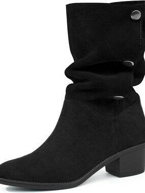 Women's Black Suede Mid Calf Boots 3 Way Fold Over Style Chunky Block Heel